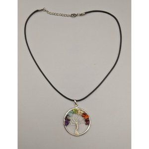Chakra Tree of Life Pendant with Black Leather Cord Chain 18.75"